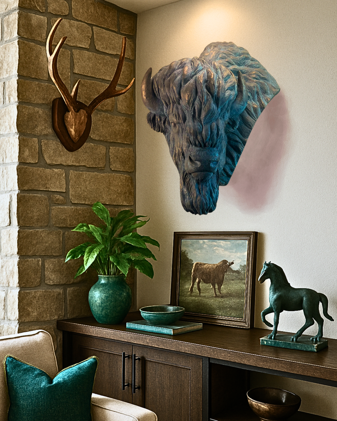 Verdigris Patinaed Bronze Bison Buffalo Wall Mount