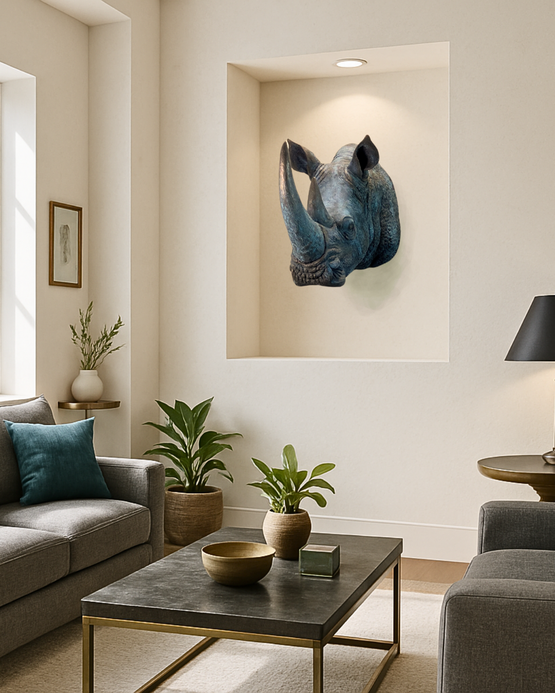 Verdigris Patinaed Bronze Rhinoceros Head Mount