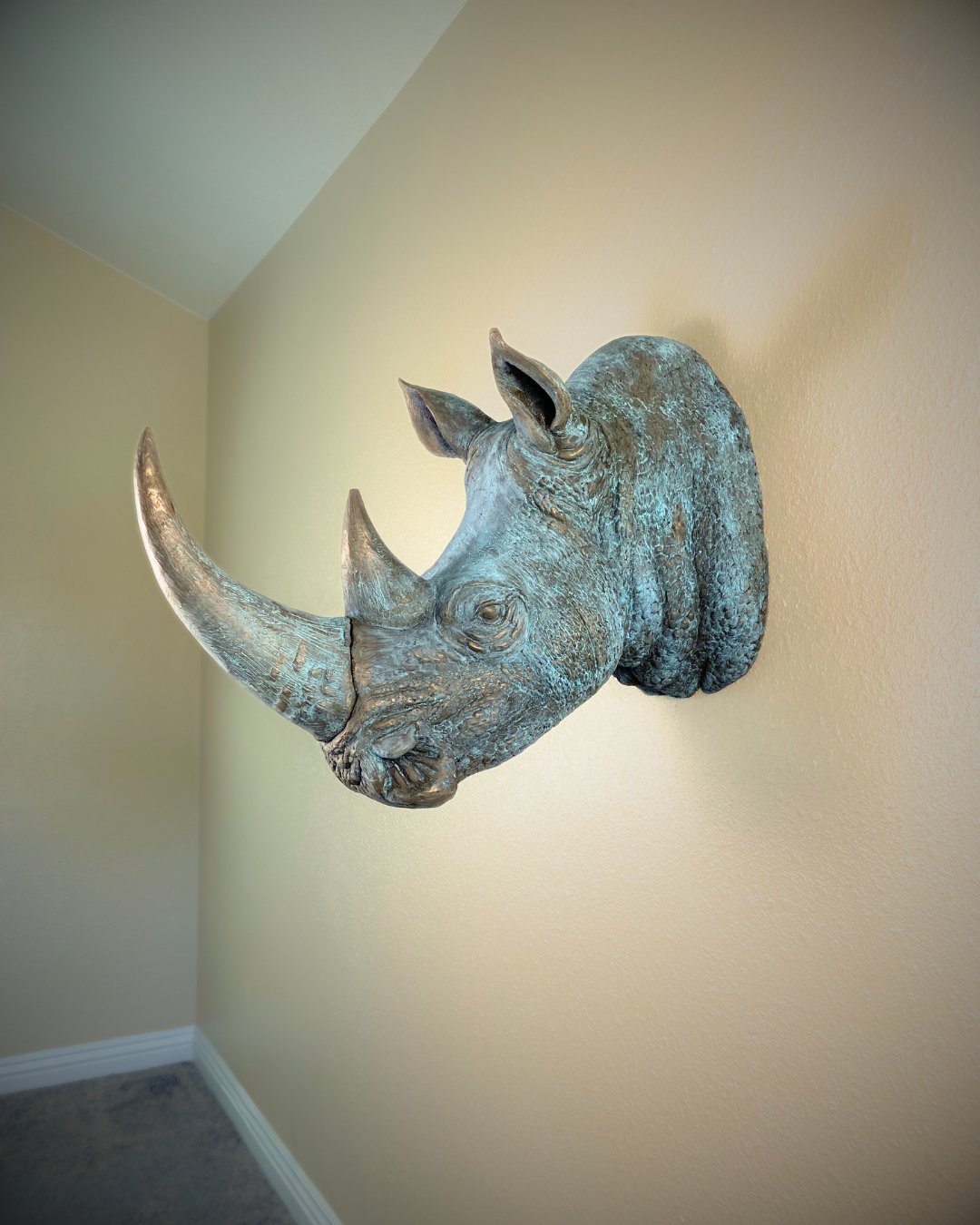 Verdigris Patinaed Bronze Rhinoceros Head Mount
