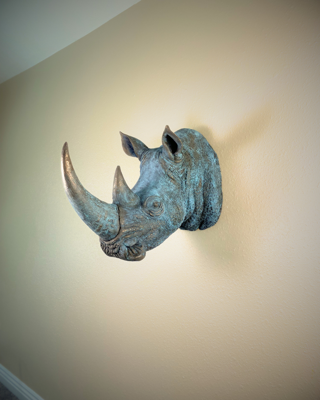 Verdigris Patinaed Bronze Rhinoceros Head Mount