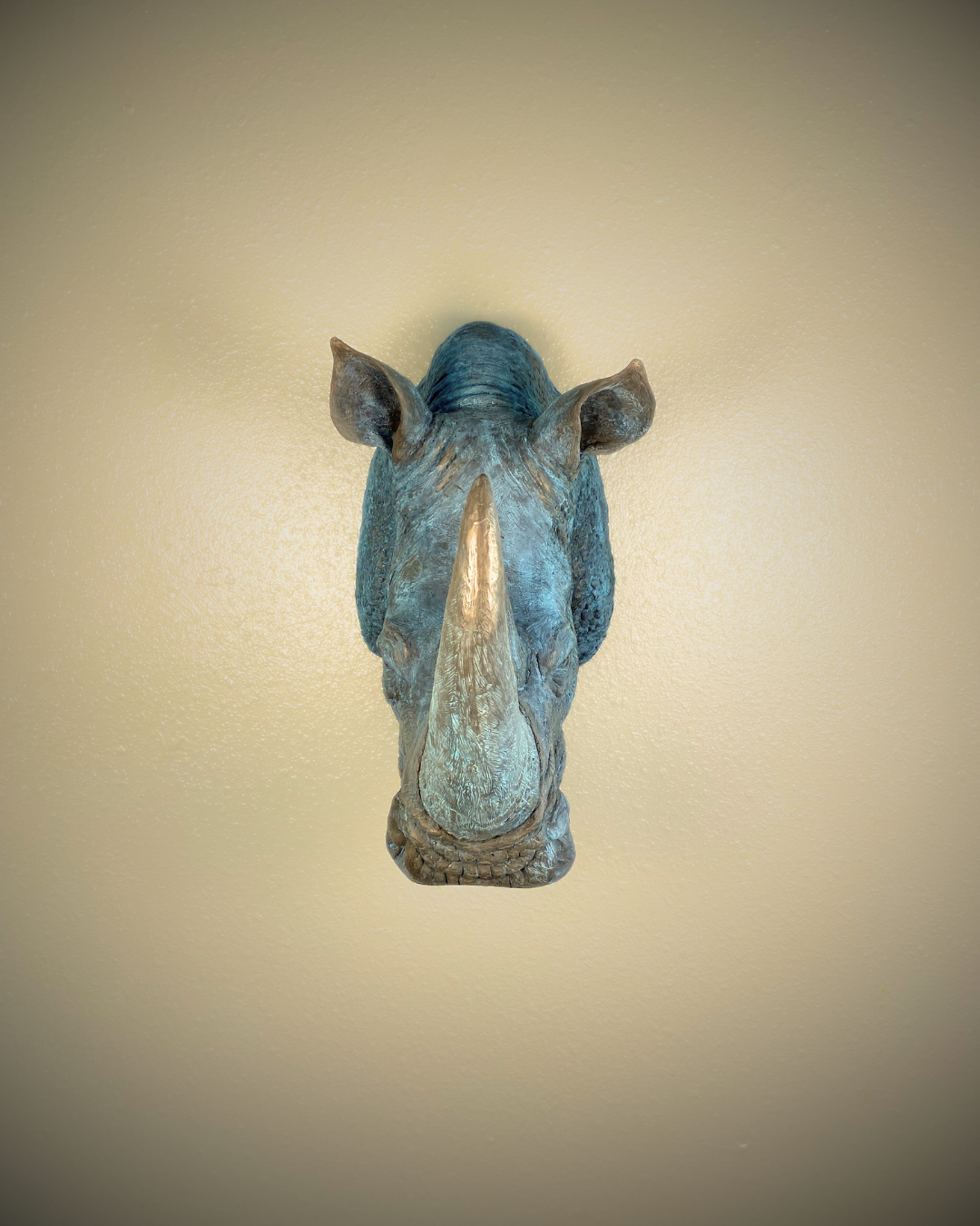 Verdigris Patinaed Bronze Rhinoceros Head Mount