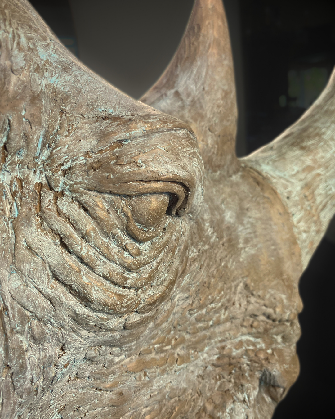 Verdigris Patinaed Bronze Rhinoceros Head Mount