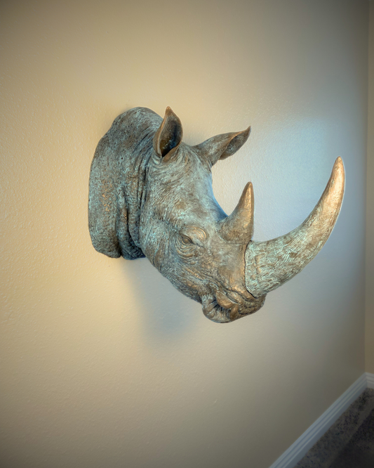 Verdigris Patinaed Bronze Rhinoceros Head Mount