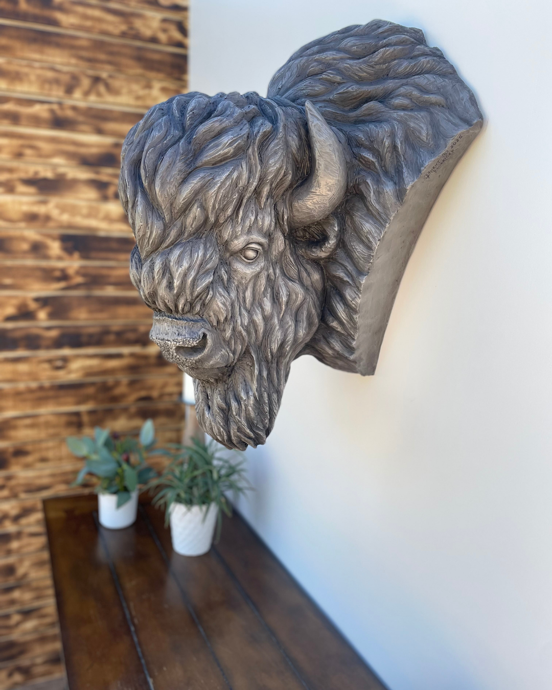 White Bronze Buffalo Bison Wall Mount Statue