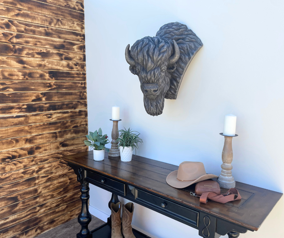 White Bronze Buffalo Bison Wall Mount Statue