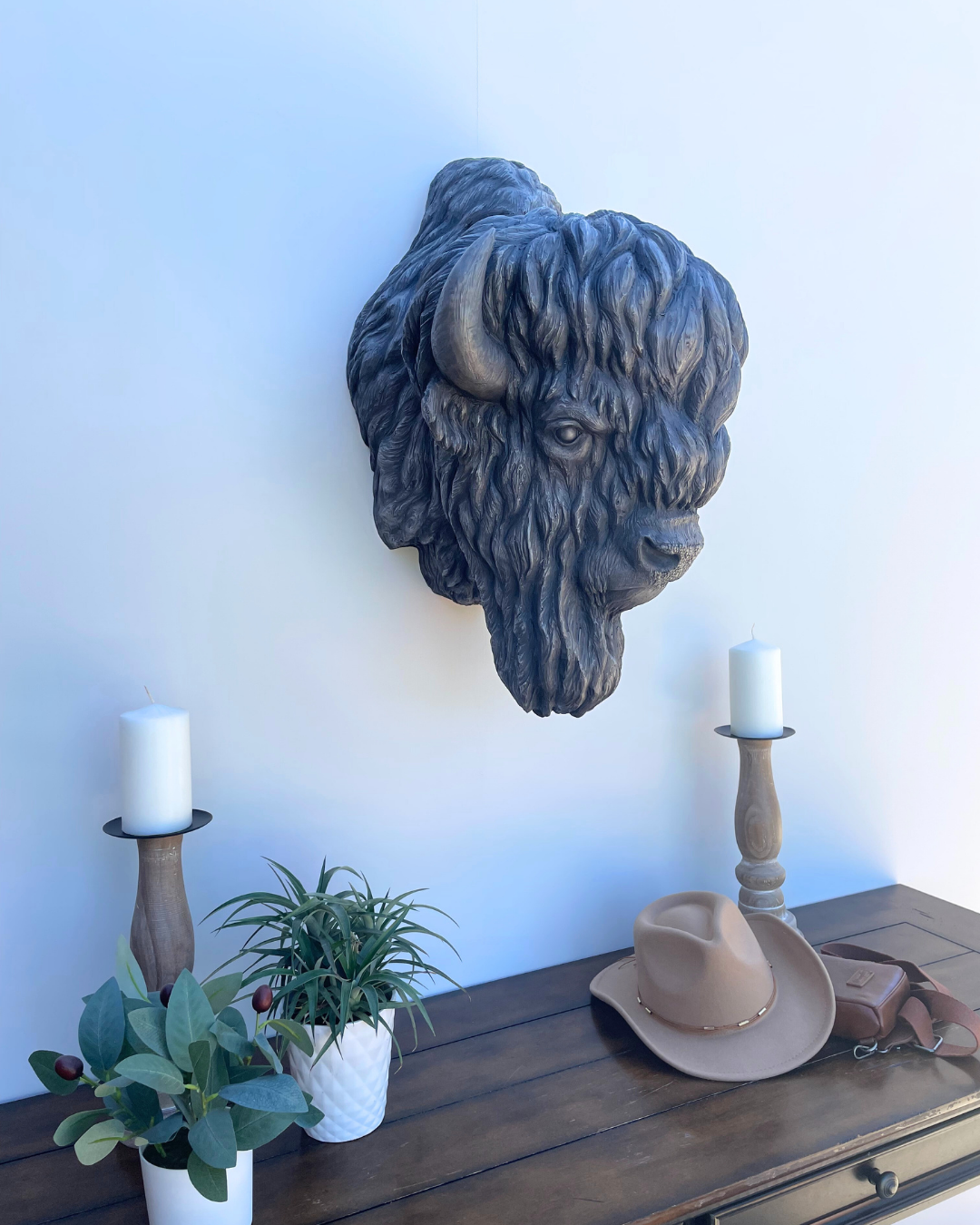 White Bronze Buffalo Bison Wall Mount Statue