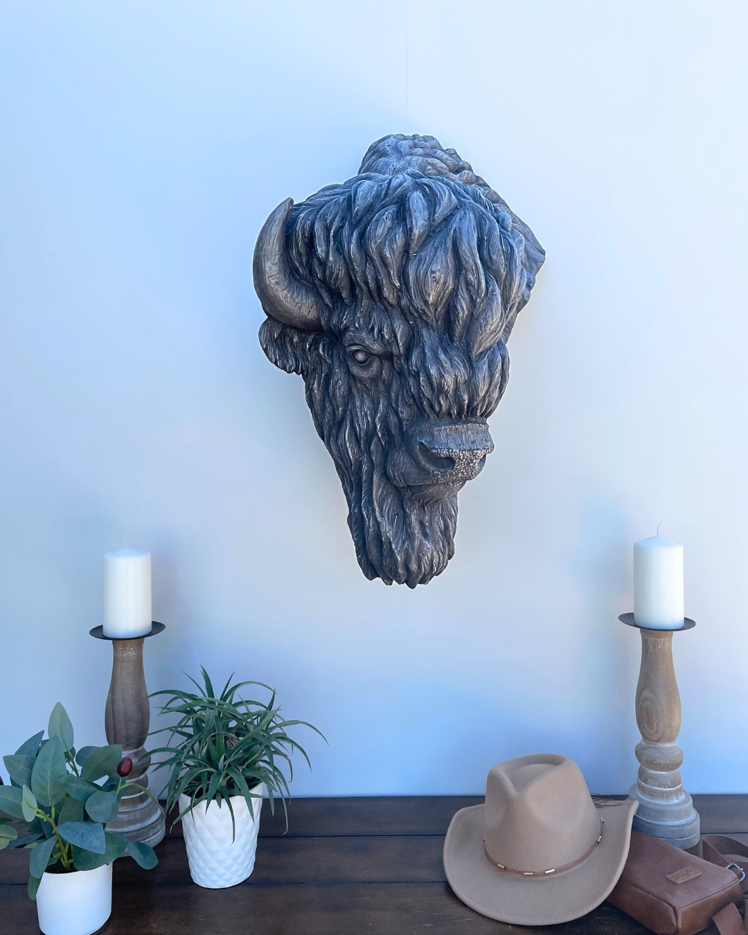 White Bronze Buffalo Bison Wall Mount Statue